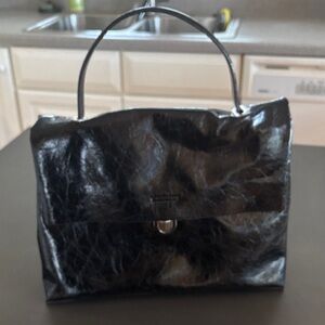 Elegant Black Patent-Like Genuine Leather Handbag